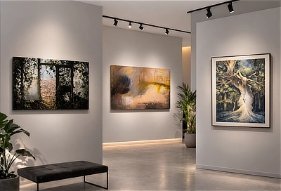 Visitors viewing artwork in a gallery setting